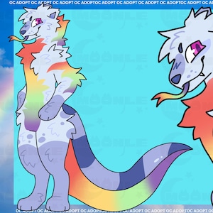 Puede incluir: Una ilustración digital de una criatura antropomórfica con pelaje azul claro, un pecho con los colores del arcoíris y una cola larga a rayas. El personaje tiene una lengua de serpiente, ojos morados y se muestra en cuerpo completo.