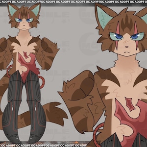 May include: A digital character illustration of a brown, cat-like creature with teal inner ears and blue eyes. The character features red facial markings, a red chest emblem, and dark gray, segmented robotic legs with thin red lines.