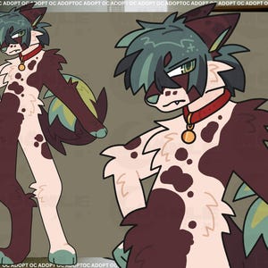 May include: A digital character illustration featuring an anthropomorphic creature with dark brown and cream spotted fur, messy teal hair, and a red collar with a gold tag. The character is shown in a full-body pose and a close-up headshot view.