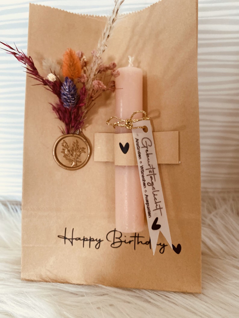 Geschenktüte mit Trockenblumen, Personalisierte Geschenke, Besondere Geschenktüten, Geburtstagstüte Rosa