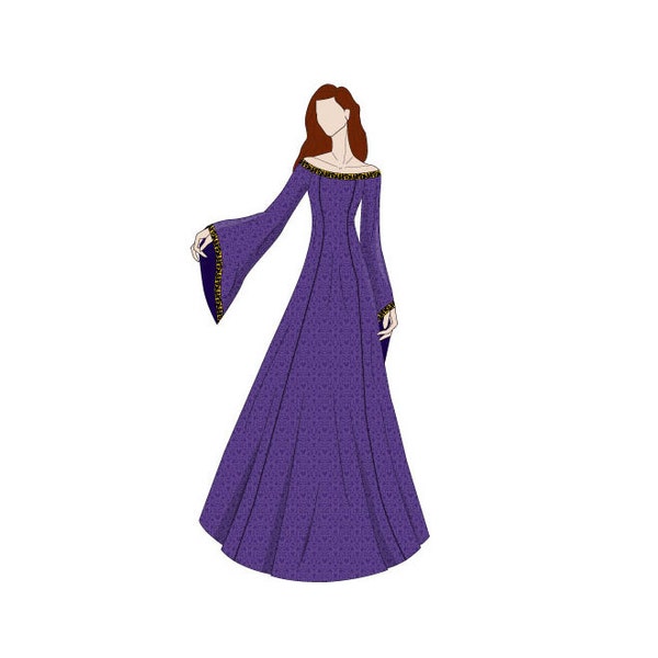 Off Shoulder Evening Dress Medieval Sewing Pattern - Sizes 8-22 UK - Download PDF