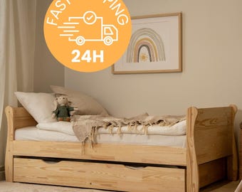 Schneller 24-Stunden-Versand! ROMA 90x200 mit Schublade - Holz-Kinderbett, Einzelbett, Montessori-Bett, Bodenbett