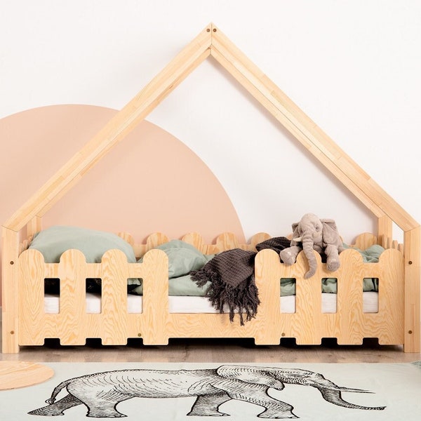 lit maison enfant en bois, lit simple, Montessori, lit avec balustrade, lit enfant, Lit Cabane - DIEGO Adeko Kids