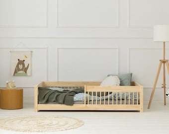 łóżko drewniane dziecięce, łóżko pojedyncze, łóżko Montessori, łóżko parterowe, łóżko dla dzieci, łóżko z barierką - CPW Adeko Kids