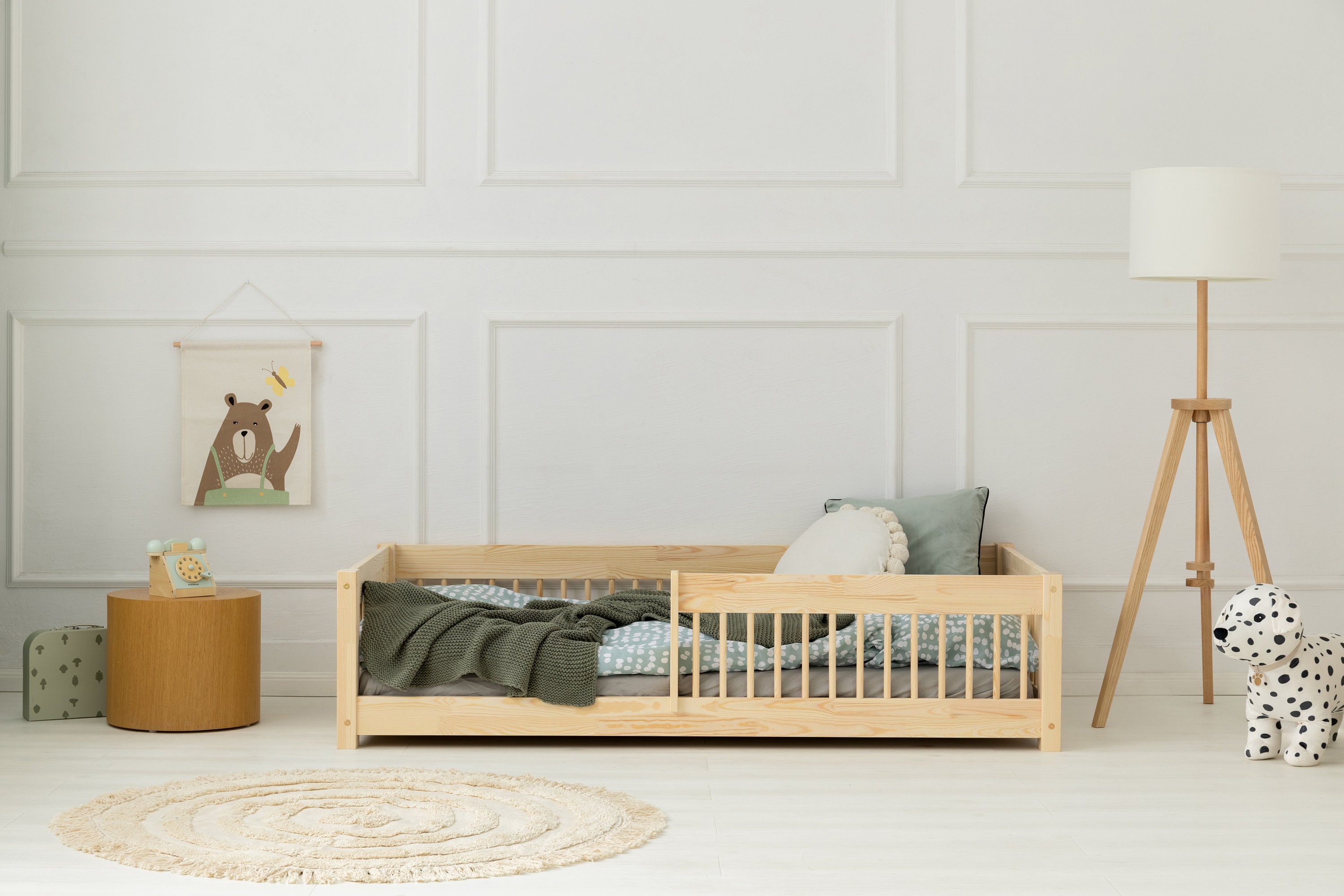 Kinderbett aus Holz, Einzelbett, Montessori-Bett, Etagenbett, Kinderbett, Bett mit Geländer – CPW Adeko Kids