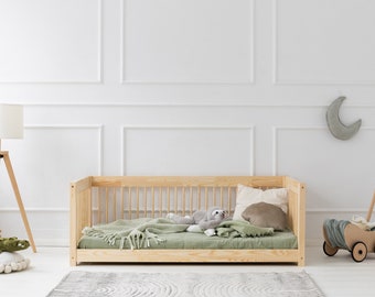 Kinderbett aus Holz, Einzelbett, Montessori-Bett, Etagenbett, Kinderbett, Bett mit Geländer, Schublade - CWW Adeko Kids