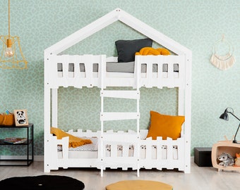 Kinder-Etagenbett, Montessori-Bett, Etagenbett aus Holz, Kinderzimmer, Kinderbett, bemalt – ZIPPO P WHITE Adeko Kids