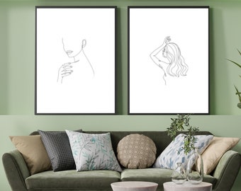 Boho Woman Art Print, Woman Line Art, Flower Wall Art, Boho Floral Poster, Neutral Simple Print, Beige Green Artwork, Printable Wall Art