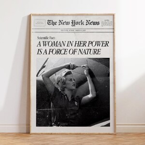 A Woman In Her Power Is A Force Of Nature Print, Retro Newspaper Headline, Preppy Wall Art, Home Wall Decor, Digital Wall Art