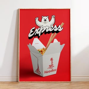 Könnte beinhalten: Ein rotes Poster mit einem weißen Eisbären-Cartoon-Charakter, der die Arme in die Luft streckt. Der Text "Express" ist in Schwarz mit weißem Umriss geschrieben. Ein weißer To-Go-Behälter mit Stäbchen und Nudeln befindet sich in der rechten unteren Ecke. Der Behälter hat den Text "Noodles" auf dem Boden aufgedruckt.