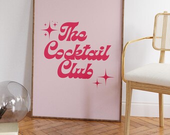 Roze print The Cocktail Club, girly muurkunst, preppy poster, muurdecoratie huis, esthetische prints