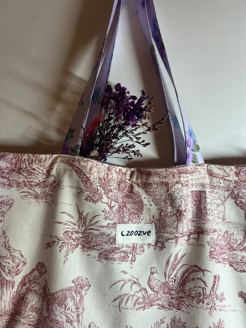 Totebag/ Ruffle bag en toile de jouy / éponge lilas image 4