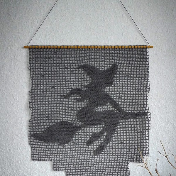 WITCH, flying WITCH, Walpurgis Night, Harz annual festival, Halloween, crocheted wall decoration, window decoration