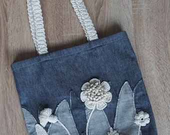 Denim shopper bag with crocheted decoration