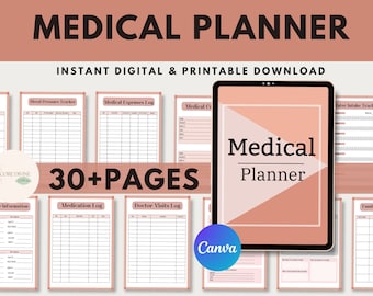 Medical Planner, medical binder, blood pressure log, medicine tracker, medical binder digital, mental health tracker, medical tracker PDF