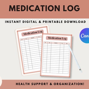 Medication Log Printable, Medication Tracker, Medication Reminder List Template, Medication Schedule, Pill Tracker, Medication Organizer