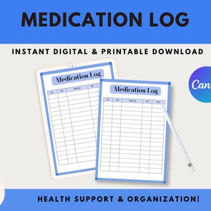 Medication Log Printable, Medication Tracker, Medication Reminder List Template, Medication Schedule, Pill Tracker, Medication Organizer