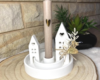 Candle plate round with light houses gift candle holder stick candle topping out ceremony housewarming gift moving house souvenir Skandi