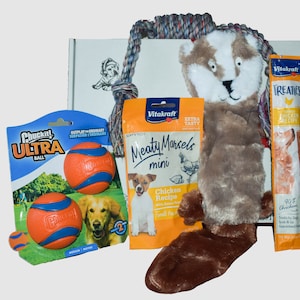 Dog gift box, dog gift basket, dog treats and toys