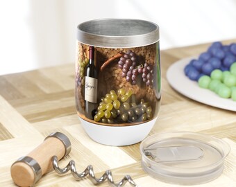 Grapes Cork Bottle Vino Corkscrew Hot Cold Lid 12oz Wine Tumbler