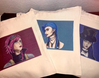 Arcane League of Legends Jinx, Caitlyn and Vi Tote Bags