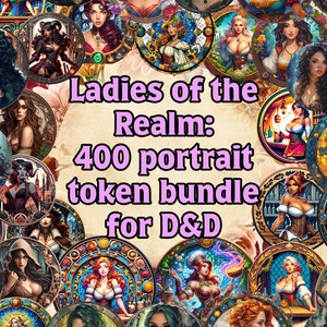 May include: A collage of colorful stained glass circles featuring portraits of women. The text "Ladies of the Realm: 400 portrait token bundle for D&D" is in the center of the image.