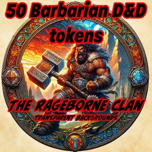 May include: 50 Barbarian D&D tokens, The Rageborne Clan, transparent backgrounds. A circular stained glass design featuring a barbarian warrior wielding a large hammer.