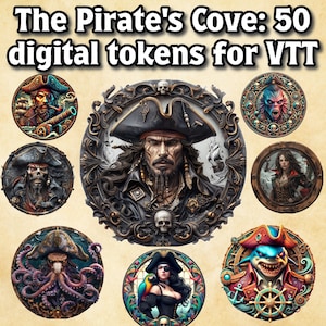 Può includere: Un set di 50 gettoni digitali per giochi da tavolo virtuali, con tema pirata. I gettoni raffigurano vari personaggi, creature e oggetti, tra cui un capitano pirata, un kraken, una sirena e uno scrigno del tesoro.