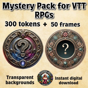 Puede incluir: Un paquete de descarga digital para juegos de rol de mesa virtual (VTT RPG) que incluye 300 fichas y 50 marcos. La imagen muestra un marco circular con un signo de interrogación en el interior, rodeado de detalles ornamentados en oro, azul y rojo.