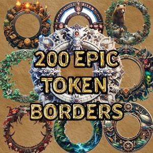 Op de afbeelding: Een verzameling van 200 epische token-randen, met een verscheidenheid aan ontwerpen, waaronder een beer in een bos, een kompas, een schedel en een scheepswiel. De randen zijn allemaal rond en hebben een gouden frame.