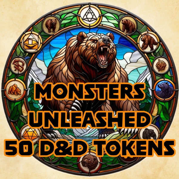 DnD Monsters Unleashed: 50 Token Bundle - Fantasy & Stained Glass Art, Digital Download PNG for VTT - Owlbear, beholders, dragons, rats