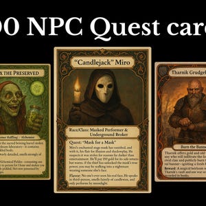 100 NPC Quest Giver Cards - Printable PDF - Roll20 VTT Images - D&D 5e Dungeon Master Resource - Quest Hooks and Rewards - Instant Download