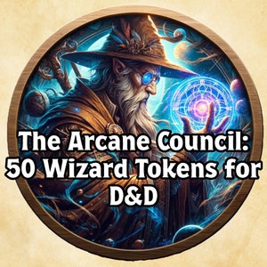 May include: A set of 50 wizard tokens for Dungeons & Dragons, featuring a wizard with a long white beard and a blue and purple magic orb. The wizard is wearing a brown hat and a brown robe. The background is a blue and purple nebula.