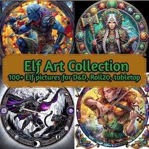 Clipart z witrażem i elfem – ponad 100 obrazów PNG, zasoby graficzne RPG (pobieranie cyfrowe)