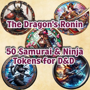 Może przedstawiać: 50 żetonów samurajów i ninja do D&D.  The Dragon's Ronin.  Zestaw pięciu okrągłych żetonów z kolorowymi ilustracjami postaci samurajów i ninja.