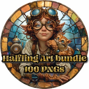 May include: A whimsical illustration of a halfling with large goggles and a small cat. The halfling is wearing a brown leather jacket and a necklace. The image is set against a stained glass background with the text "Halfling Art bundle 100 PNGs".