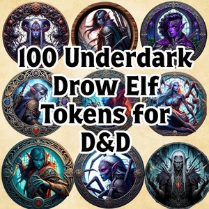 Puede incluir: 100 fichas de Drow Elf de Underdark para D&D. Estas fichas presentan una variedad de personajes Drow Elf en diferentes poses y entornos. Las fichas son circulares y tienen un borde oscuro de temática fantástica.