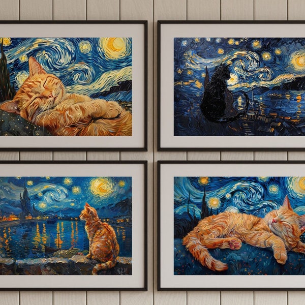 Starry Whiskers Collection: Set of 4 Unique Van Gogh Style Cat Paintings, Digital Download PNG, Artistic Feline Wall Art, Printable painting