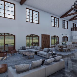 May include: Spacious, modern interior with high ceilings, large windows, and exposed wooden beams. Features include a living area with sofas, armchairs, and a coffee table, plus a dining area and kitchen. The flooring is a dark, polished stone.