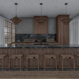 Può includere: Una cucina moderna con un'ampia isola e posti a sedere. L'isola e i mobili sono in legno. Il piano di lavoro è in marmo nero. Tre lampade a sospensione sono appese sopra l'isola. Tende bianche trasparenti incorniciano le finestre.