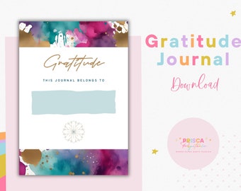 Può includere: Un diario di gratitudine stampabile con uno sfondo ad acquerello in tonalità di rosa, viola, turchese e oro. Il testo "Gratitudine" è scritto in corsivo dorato. Il testo "Questo diario appartiene a" è scritto in nero. C'è uno spazio vuoto per un nome. Il testo "Scarica" è scritto in colori arcobaleno.