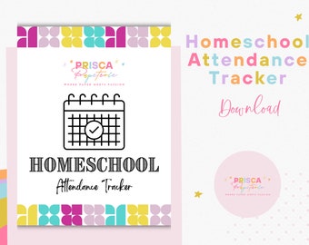 Könnte beinhalten: Ein druckbarer Homeschool-Anwesenheitstracker mit einem Kalendersymbol und dem Text "Homeschool Attendance Tracker" und "Prisca Paperie" in einer bunten Schriftart. Der Text "Download" ist ebenfalls enthalten.