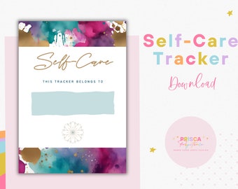 Könnte beinhalten: Ein druckbarer Selbstpflege-Tracker mit einem Aquarellhintergrund in den Farben Rosa, Lila, Türkis und Gold. Der Text "Self-Care" ist in einer kursiven Schrift geschrieben. Der Text "This tracker belongs to" ist unter dem Titel gedruckt. Es gibt einen leeren Platz, auf dem der Benutzer seinen Namen schreiben kann. Der Text "Self-Care Tracker Download" ist in Regenbogenfarben oben rechts im Bild gedruckt.
