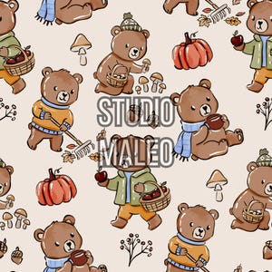 Cute Autumn Forest Bear Mushroom Apple Pumpkin Harvest Kids Nursery Seasonal Illustration Seamless Repeat Pattern for Fabric Sublimation