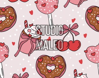 Cute valentine hot chocolate pink coffee mug heart donut cherry bow romantic sweet treats Seamless Repeat Pattern for Fabric Sublimation
