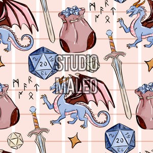 May include: A repeating pattern with fantasy imagery on a pink striped backdrop. The design includes blue dragons with brown wings, dice, swords, and pouches of gems. The text "STUDIO MALEO" is also present.