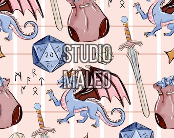 Fantasy TTRPG Adventure Dice and Blue Dragon Watercolor Seamless Repeat Pattern for Fabric Sublimation