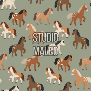 Cute Pony Horse Nursery Sage Green Equestrian Farm Animal Seamless Repeat Pattern for Fabric Sublimation