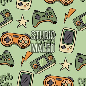 May include: Seamless pattern featuring retro video game controllers, handheld consoles, stars, and lightning bolts in shades of green, orange, and cream on a light green background. The text "STUDIO MALEO" is also visible.