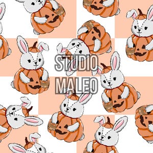 Schattig Halloween konijntje, pompoen, jack-o'-lantern, pompoenveld, herfst, pastel, griezelig, naadloos herhalend patroon voor sublimatie op stof